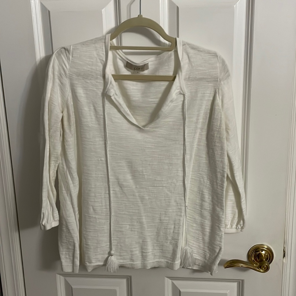 LOFT womens 3/4 sleeve white shirt with tassels size MED